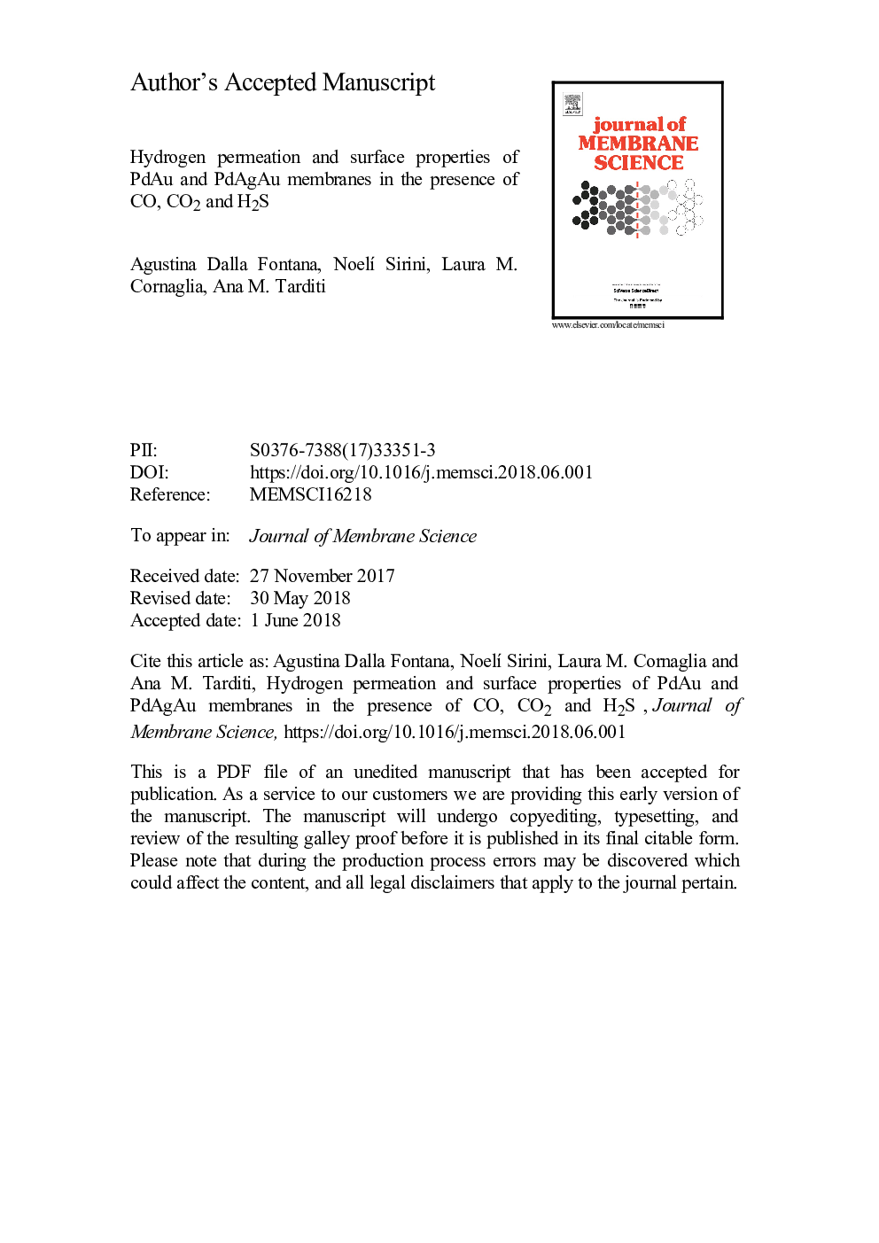 Hydrogen permeation and surface properties of PdAu and PdAgAu membranes in the presence of CO, CO2 and H2S