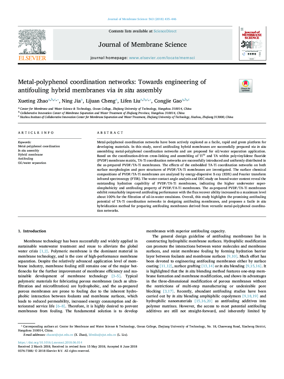 Metal-polyphenol coordination networks: Towards engineering of antifouling hybrid membranes via in situ assembly