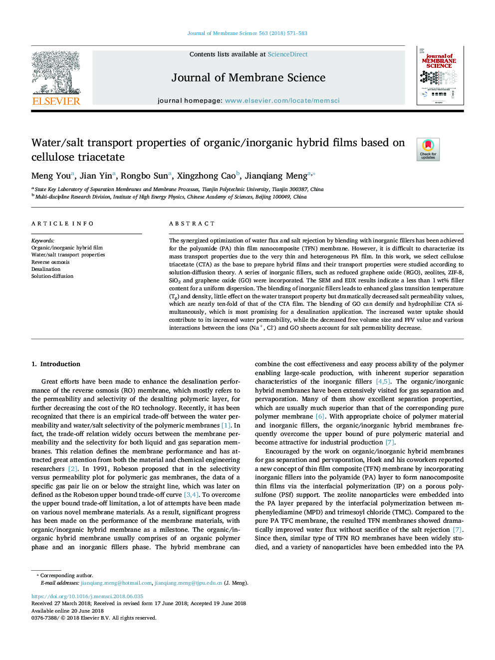 Water/salt transport properties of organic/inorganic hybrid films based on cellulose triacetate