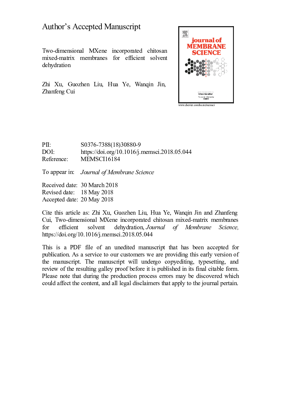 Two-dimensional MXene incorporated chitosan mixed-matrix membranes for efficient solvent dehydration