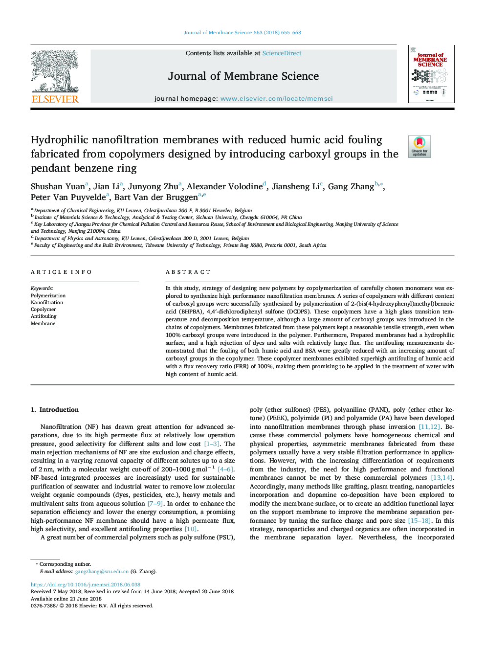 Hydrophilic nanofiltration membranes with reduced humic acid fouling fabricated from copolymers designed by introducing carboxyl groups in the pendant benzene ring