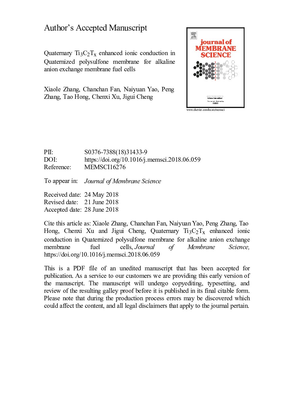 Quaternary Ti3C2Tx enhanced ionic conduction in quaternized polysulfone membrane for alkaline anion exchange membrane fuel cells