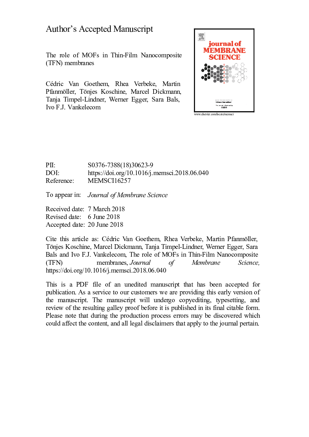 The role of MOFs in Thin-Film Nanocomposite (TFN) membranes