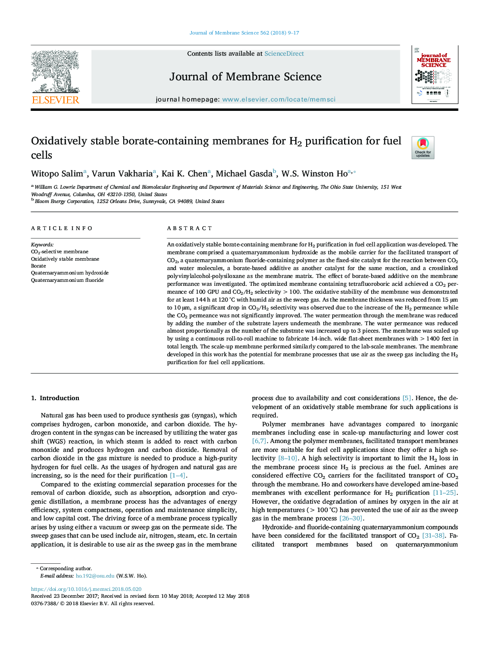 Oxidatively stable borate-containing membranes for H2 purification for fuel cells