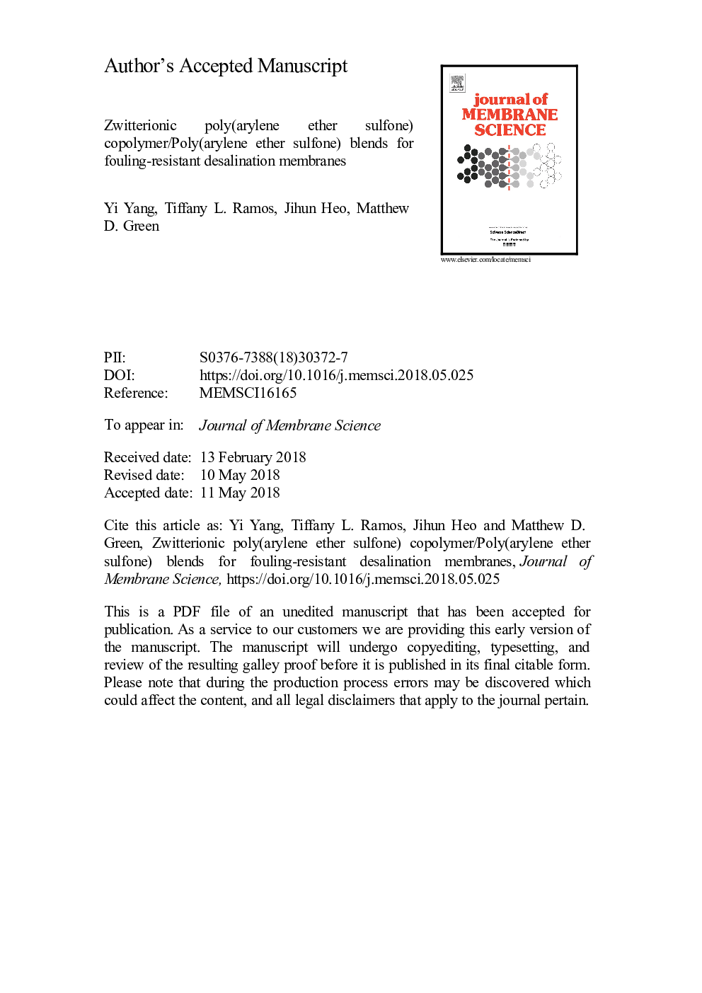 Zwitterionic poly(arylene ether sulfone) copolymer/poly(arylene ether sulfone) blends for fouling-resistant desalination membranes