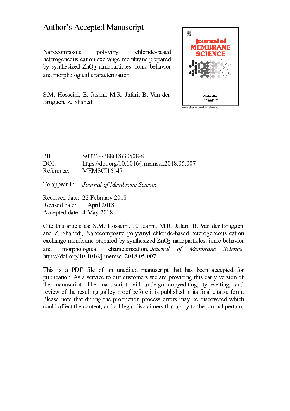 Nanocomposite polyvinyl chloride-based heterogeneous cation exchange membrane prepared by synthesized ZnQ2 nanoparticles: Ionic behavior and morphological characterization