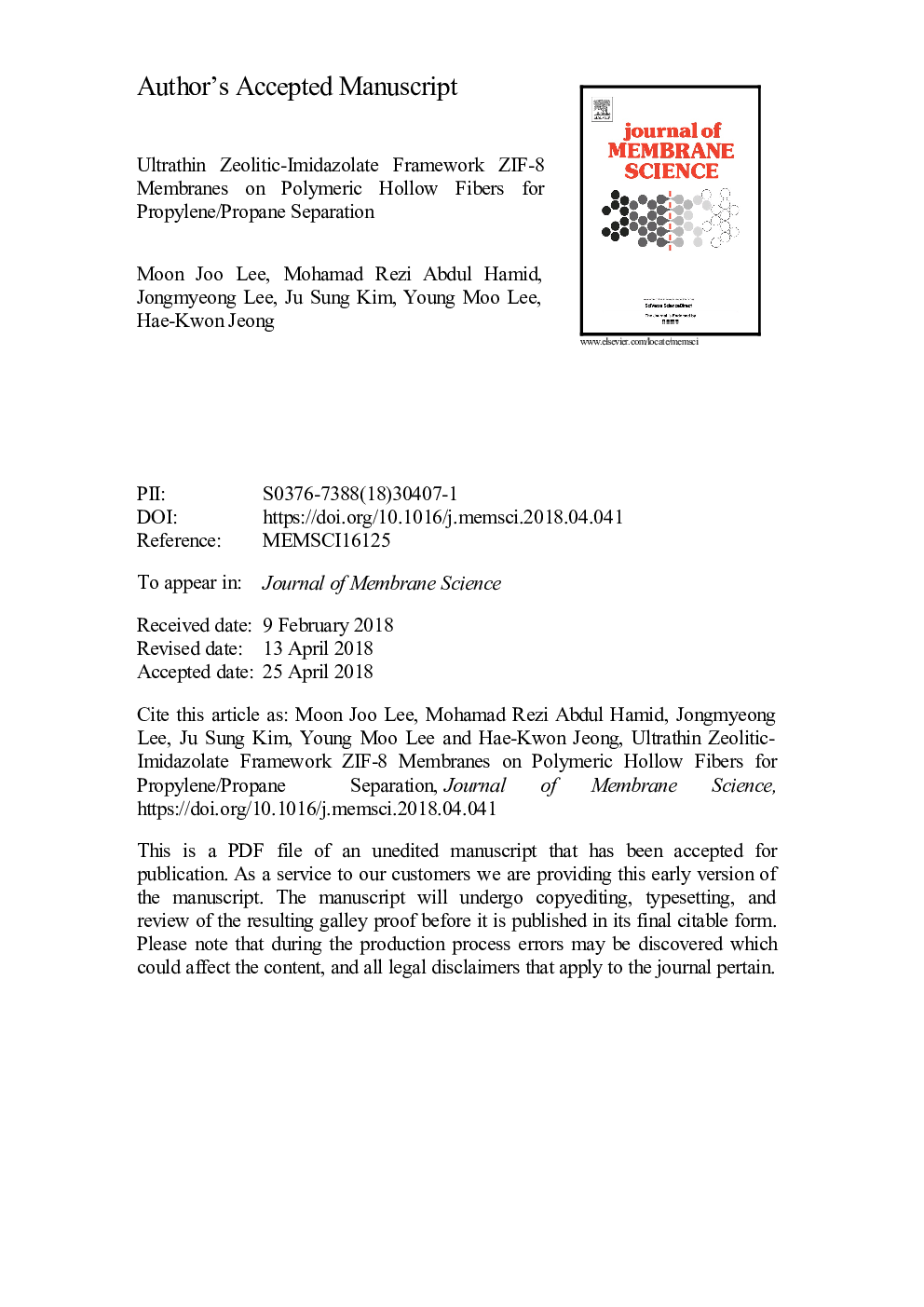 Ultrathin zeolitic-imidazolate framework ZIF-8 membranes on polymeric hollow fibers for propylene/propane separation