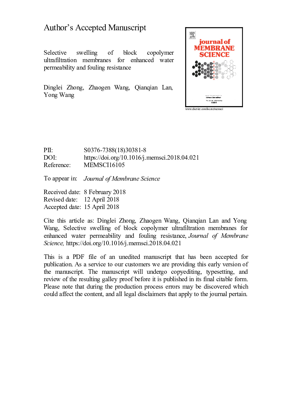 Selective swelling of block copolymer ultrafiltration membranes for enhanced water permeability and fouling resistance