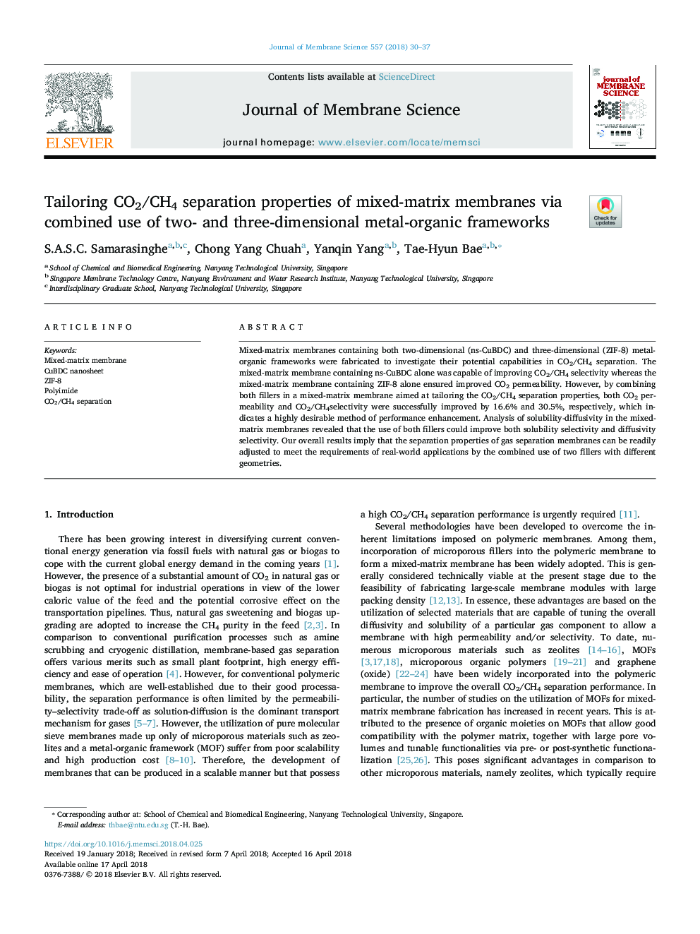 Tailoring CO2/CH4 separation properties of mixed-matrix membranes via combined use of two- and three-dimensional metal-organic frameworks