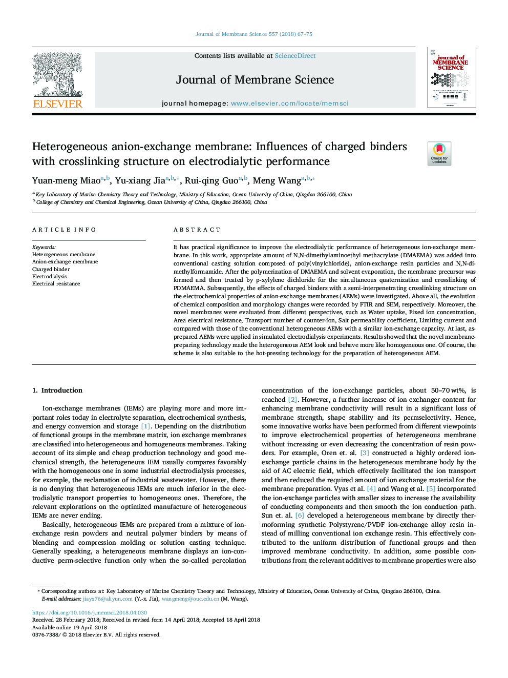 Heterogeneous anion-exchange membrane: Influences of charged binders with crosslinking structure on electrodialytic performance
