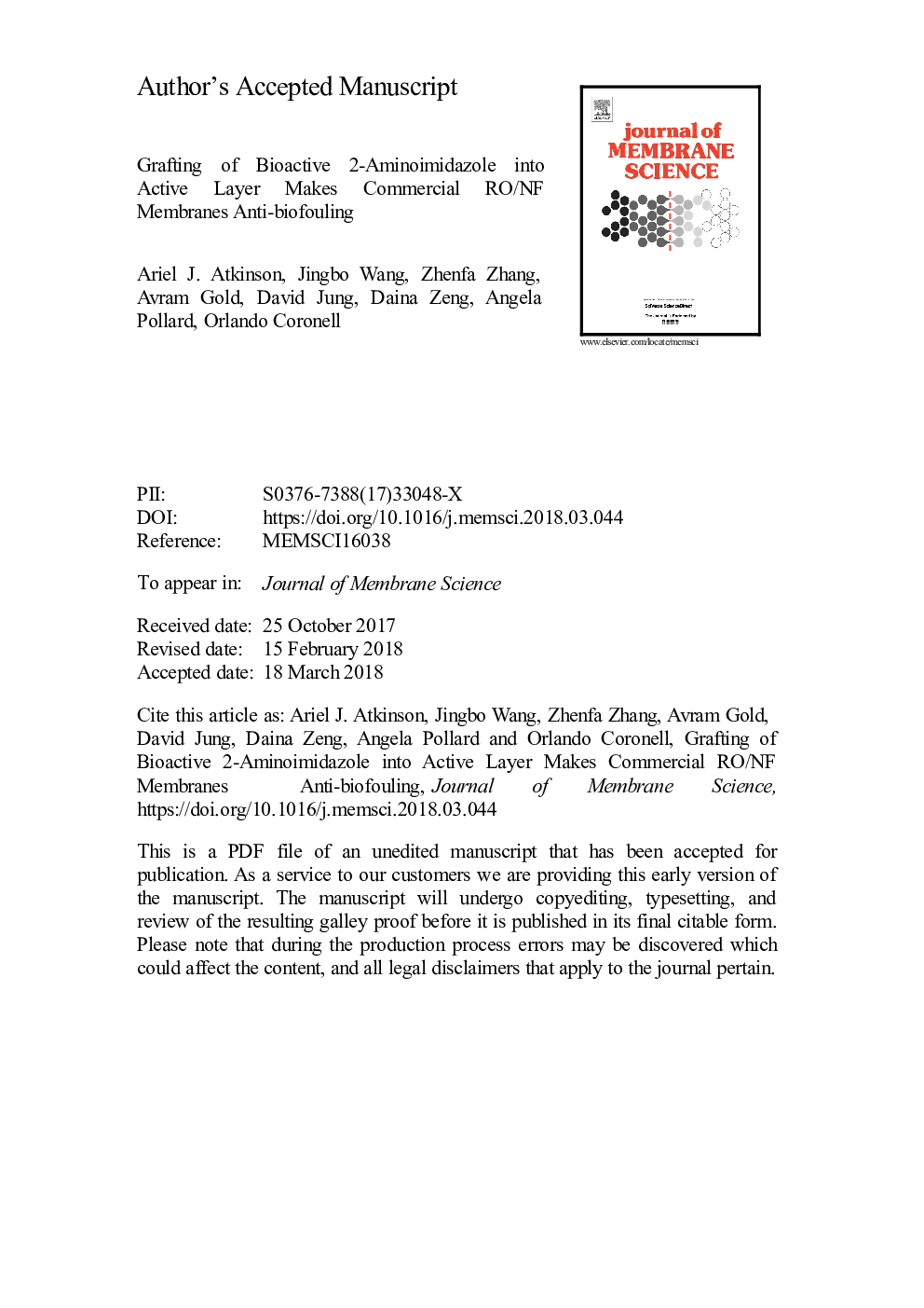 Grafting of bioactive 2-aminoimidazole into active layer makes commercial RO/NF membranes anti-biofouling