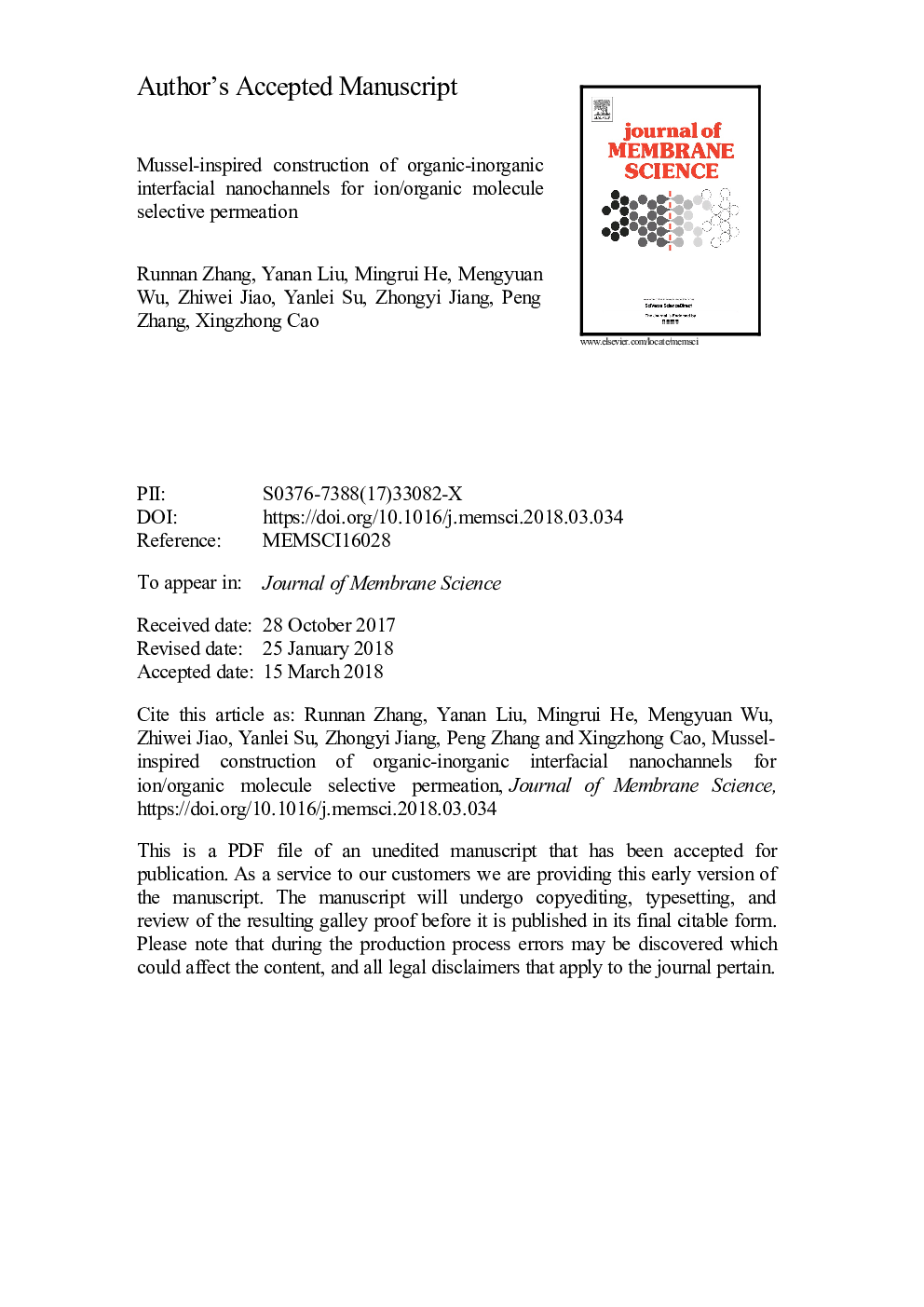 Mussel-inspired construction of organic-inorganic interfacial nanochannels for ion/organic molecule selective permeation