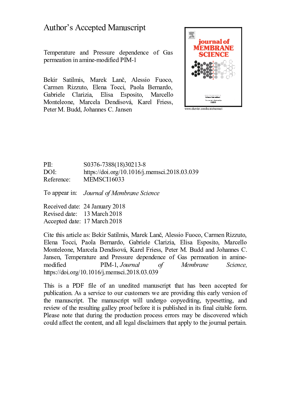 Temperature and pressure dependence of gas permeation in amine-modified PIM-1