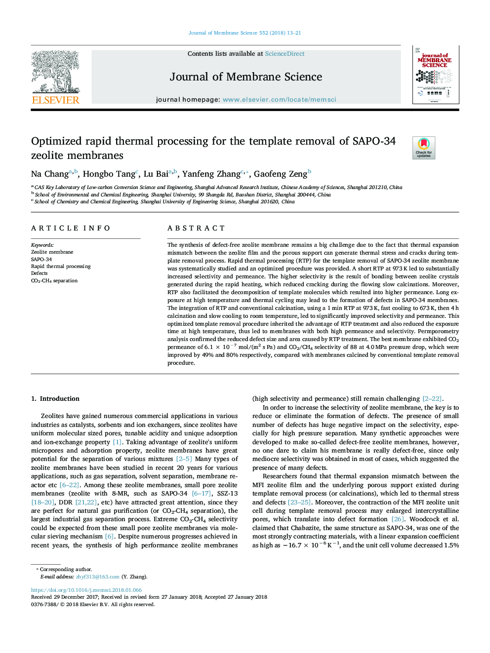 Optimized rapid thermal processing for the template removal of SAPO-34 zeolite membranes