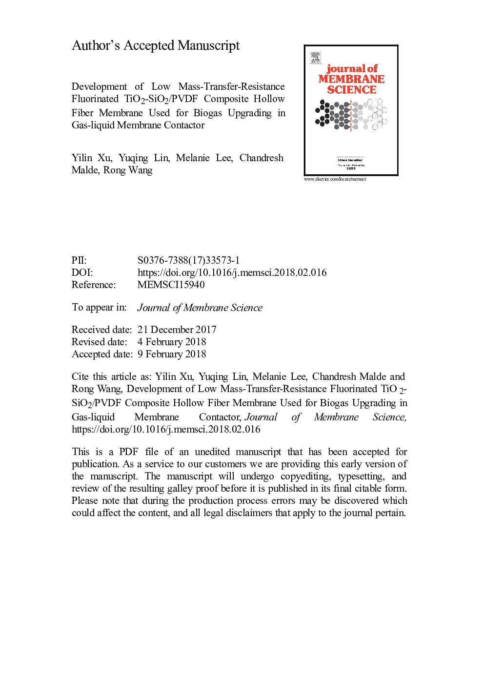 Development of low mass-transfer-resistance fluorinated TiO2-SiO2/PVDF composite hollow fiber membrane used for biogas upgrading in gas-liquid membrane contactor