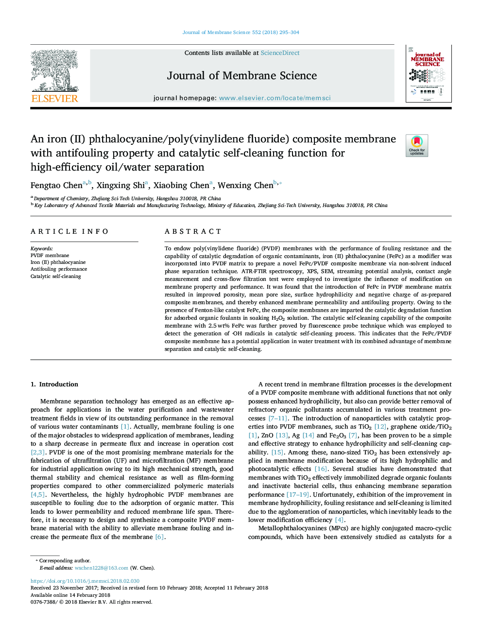 An iron (II) phthalocyanine/poly(vinylidene fluoride) composite membrane with antifouling property and catalytic self-cleaning function for high-efficiency oil/water separation