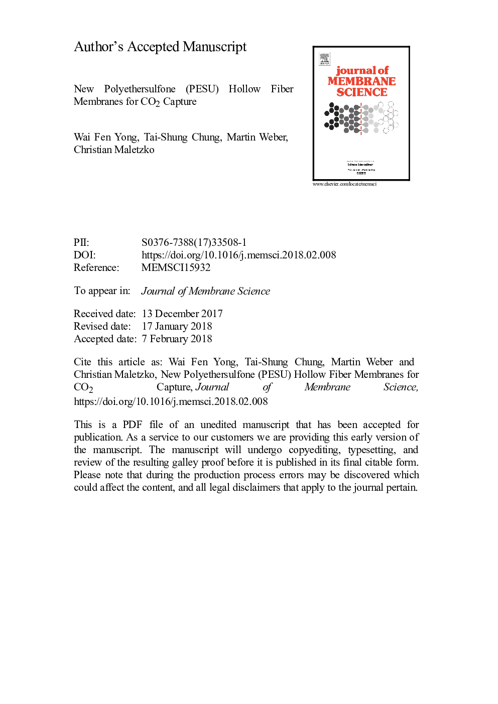 New polyethersulfone (PESU) hollow fiber membranes for CO2 capture