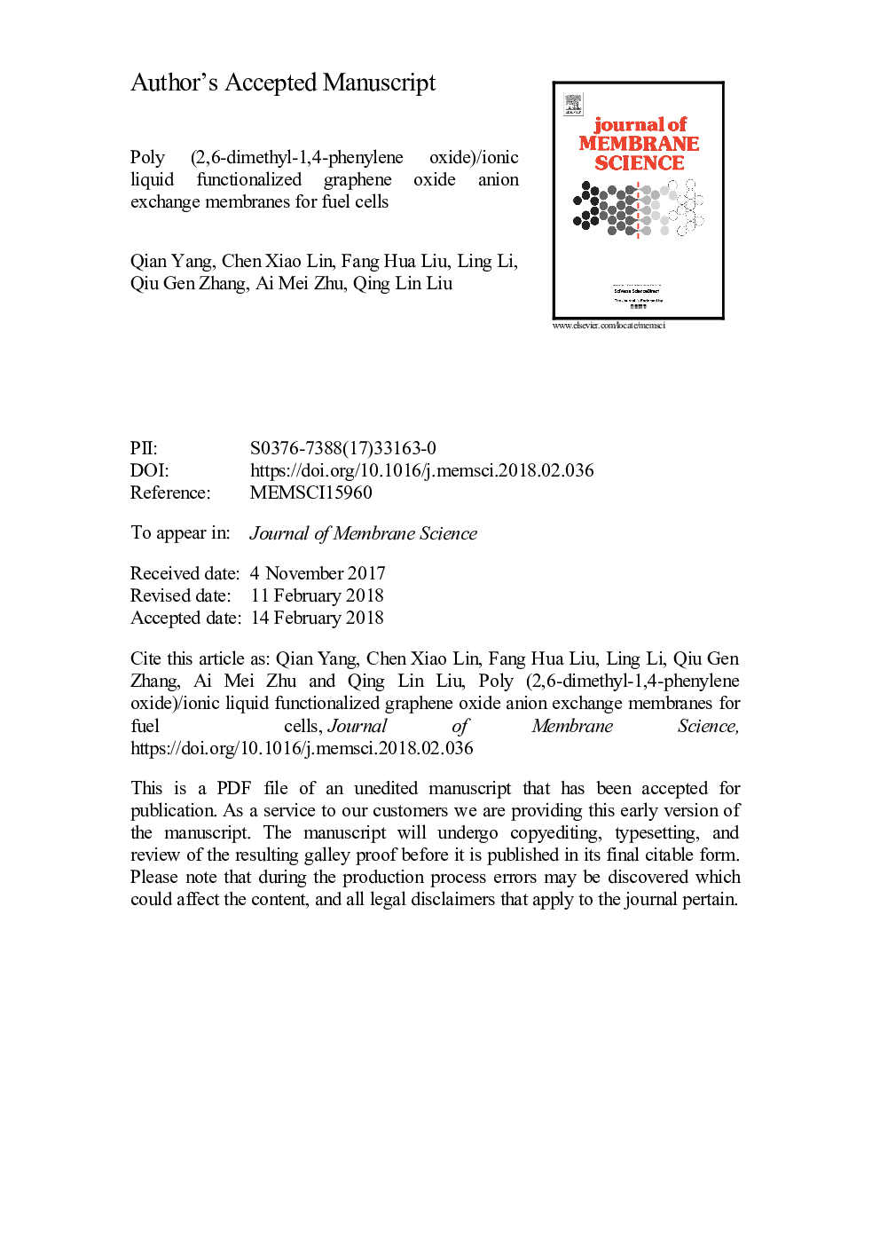 Poly (2,6-dimethyl-1,4-phenylene oxide)/ionic liquid functionalized graphene oxide anion exchange membranes for fuel cells