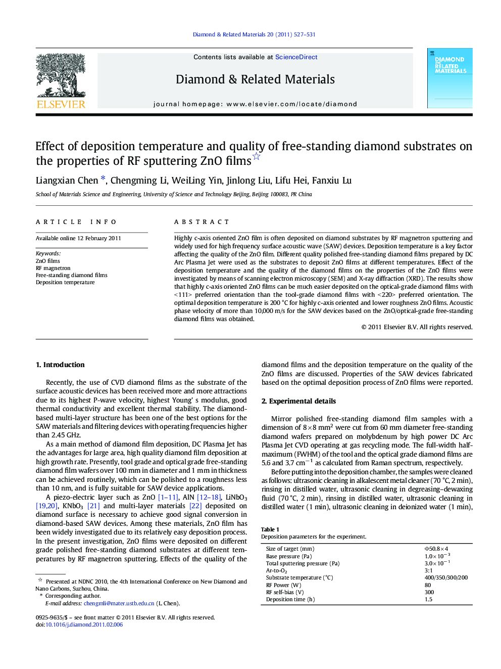 Effect of deposition temperature and quality of free-standing diamond substrates on the properties of RF sputtering ZnO films 