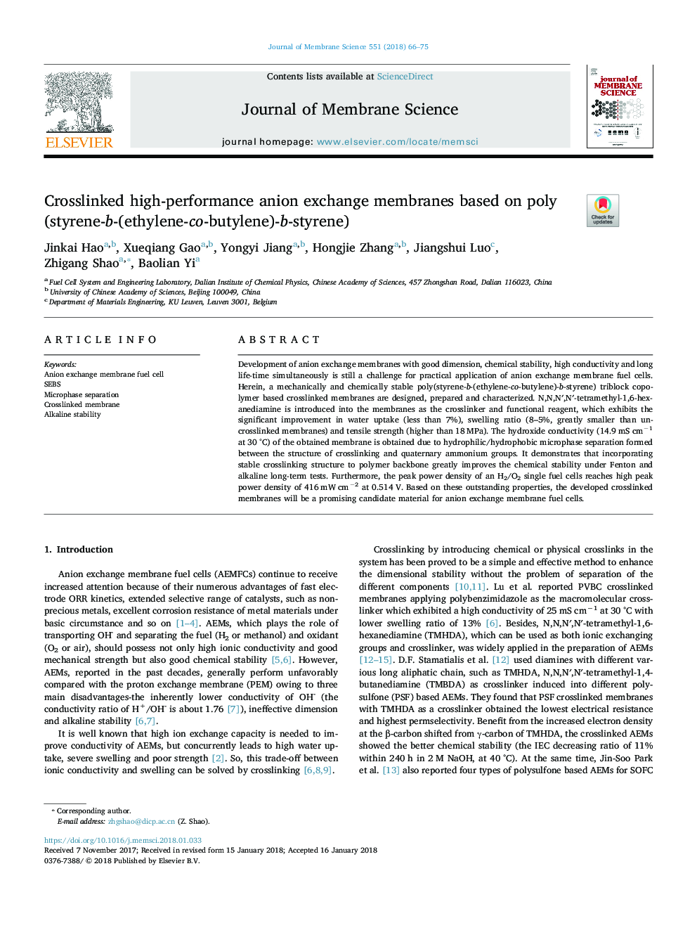 Crosslinked high-performance anion exchange membranes based on poly(styrene-b-(ethylene-co-butylene)-b-styrene)