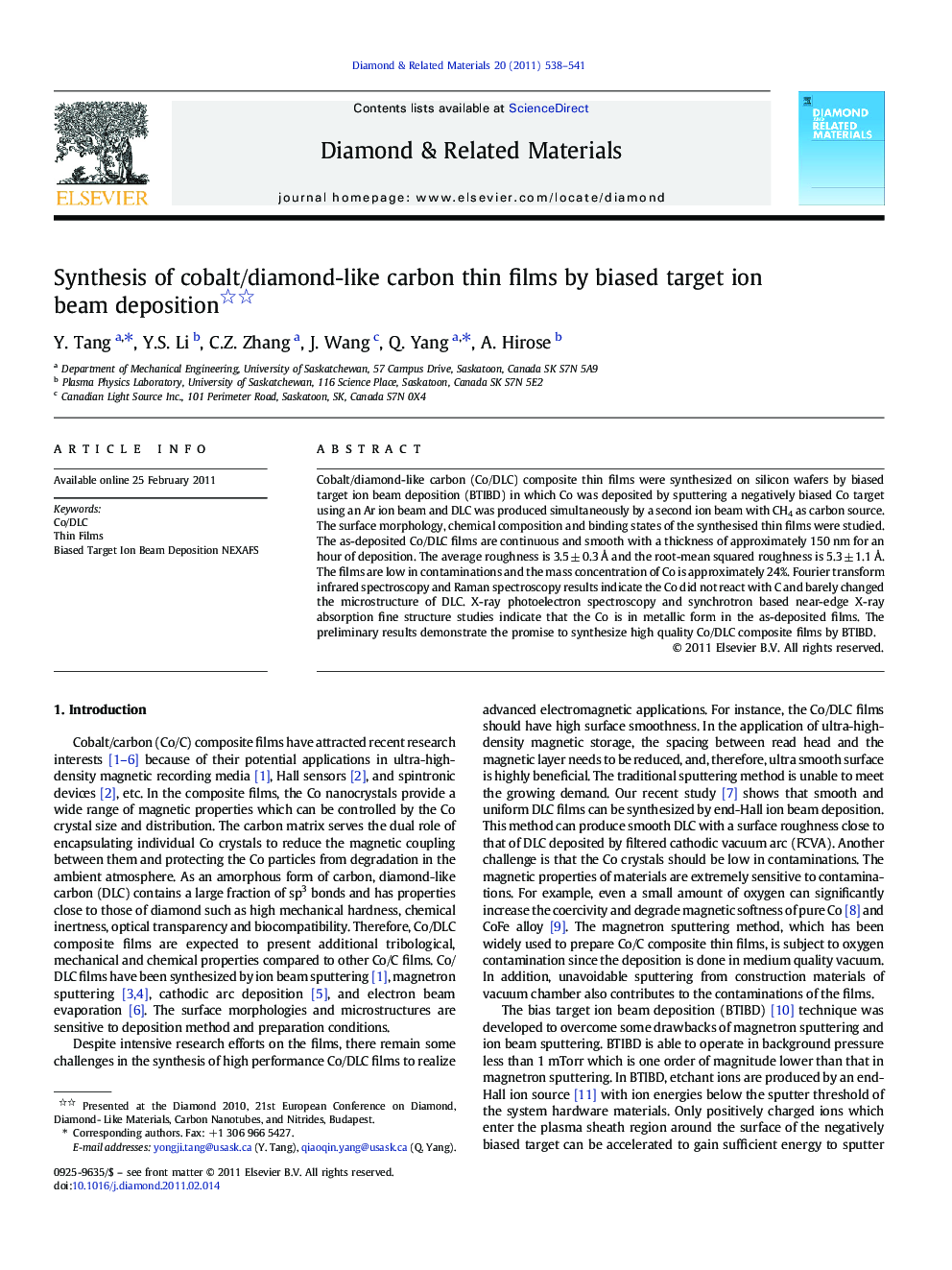 Synthesis of cobalt/diamond-like carbon thin films by biased target ion beam deposition 