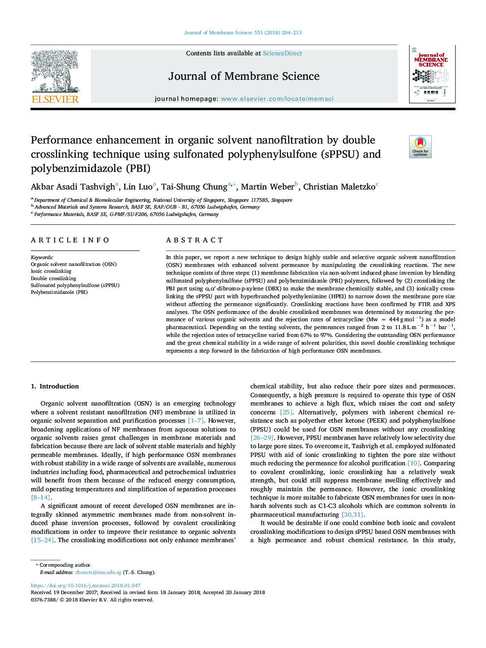 Performance enhancement in organic solvent nanofiltration by double crosslinking technique using sulfonated polyphenylsulfone (sPPSU) and polybenzimidazole (PBI)