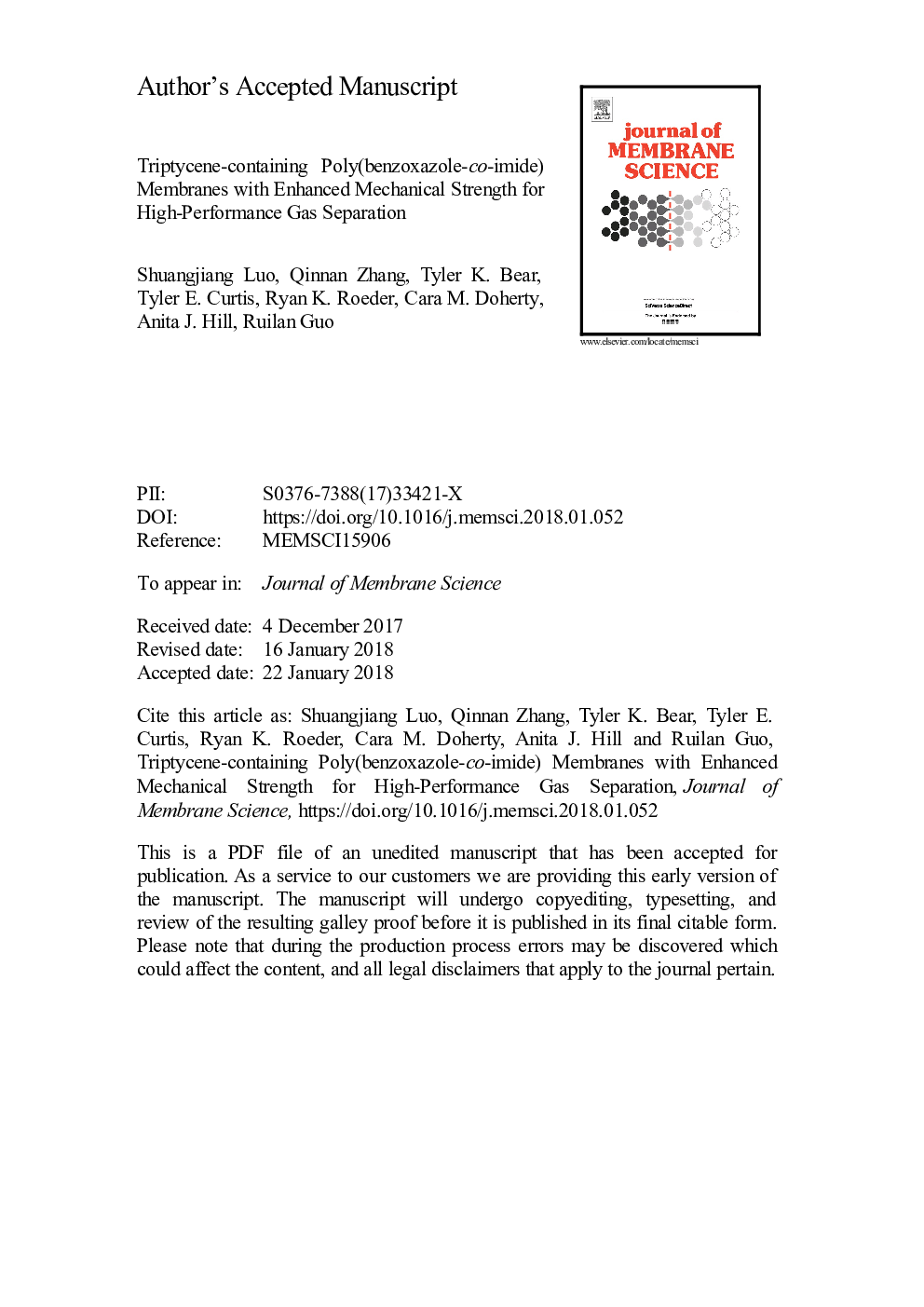 Triptycene-containing poly(benzoxazole-co-imide) membranes with enhanced mechanical strength for high-performance gas separation