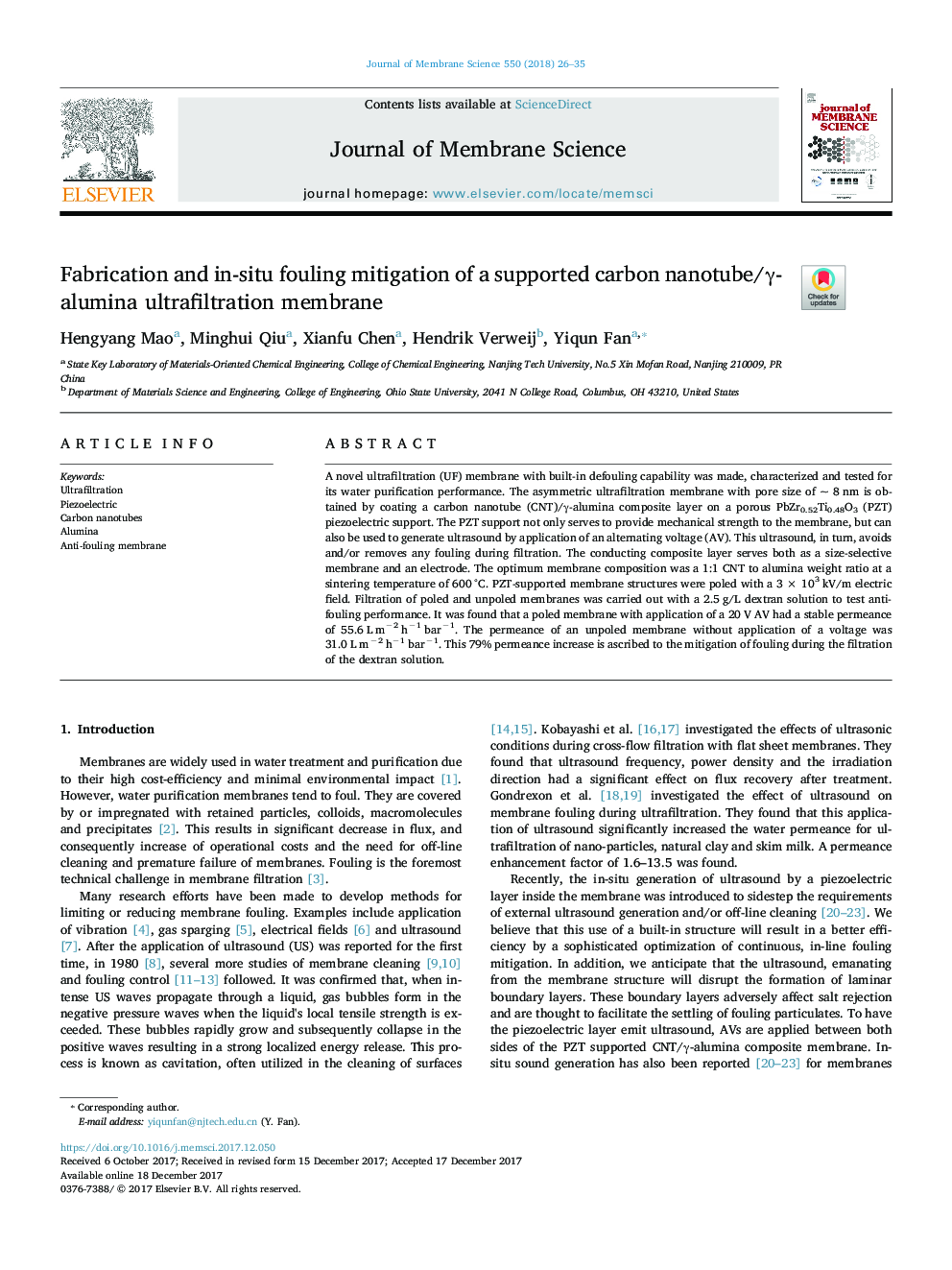 Fabrication and in-situ fouling mitigation of a supported carbon nanotube/Î³-alumina ultrafiltration membrane