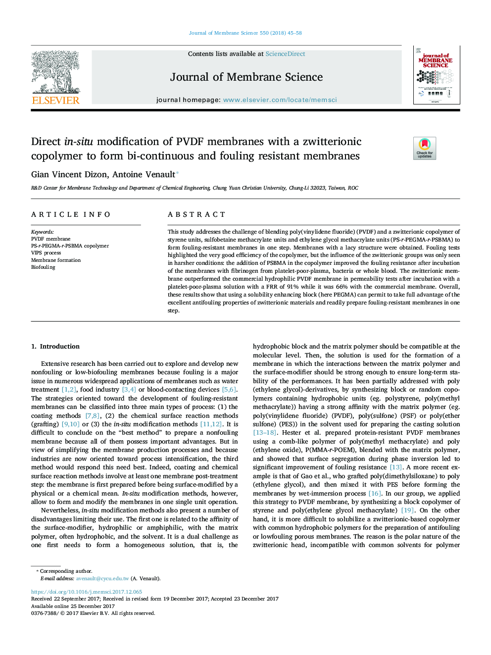 Direct in-situ modification of PVDF membranes with a zwitterionic copolymer to form bi-continuous and fouling resistant membranes