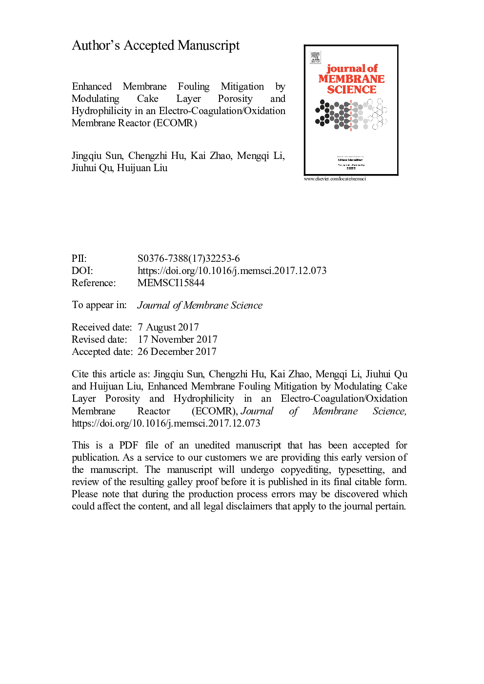 Enhanced membrane fouling mitigation by modulating cake layer porosity and hydrophilicity in an electro-coagulation/oxidation membrane reactor (ECOMR)