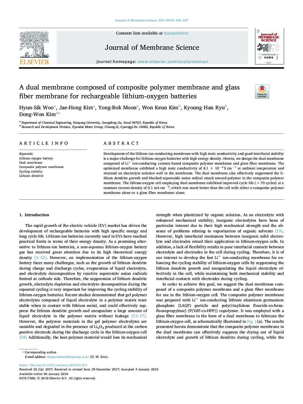 A dual membrane composed of composite polymer membrane and glass fiber membrane for rechargeable lithium-oxygen batteries