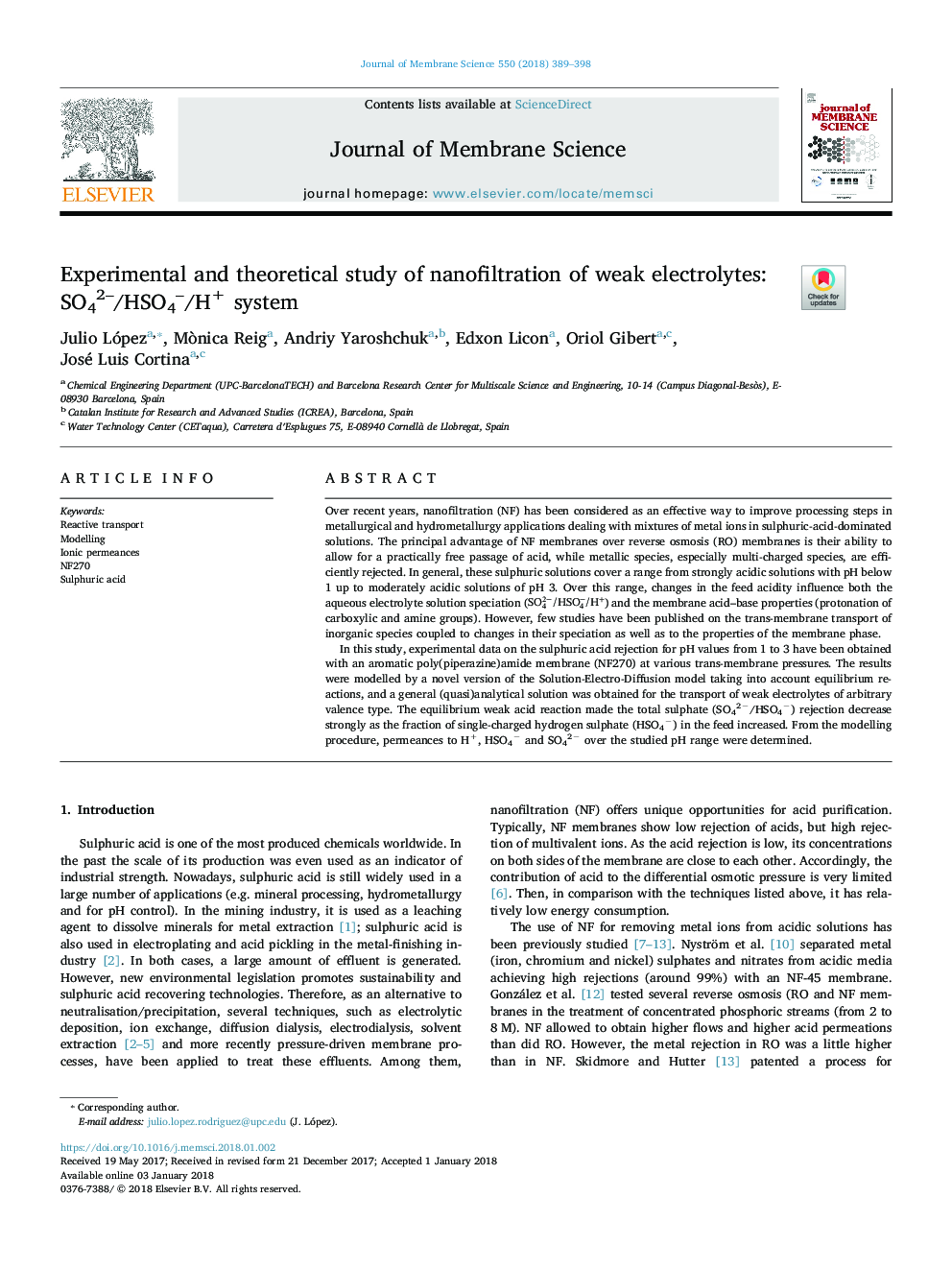 Experimental and theoretical study of nanofiltration of weak electrolytes: SO42-/HSO4-/H+ system