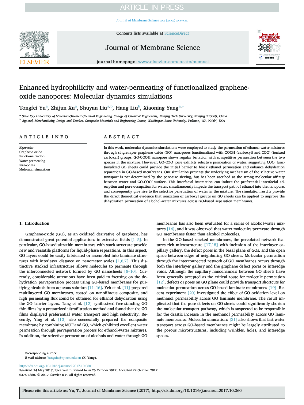 Enhanced hydrophilicity and water-permeating of functionalized graphene-oxide nanopores: Molecular dynamics simulations