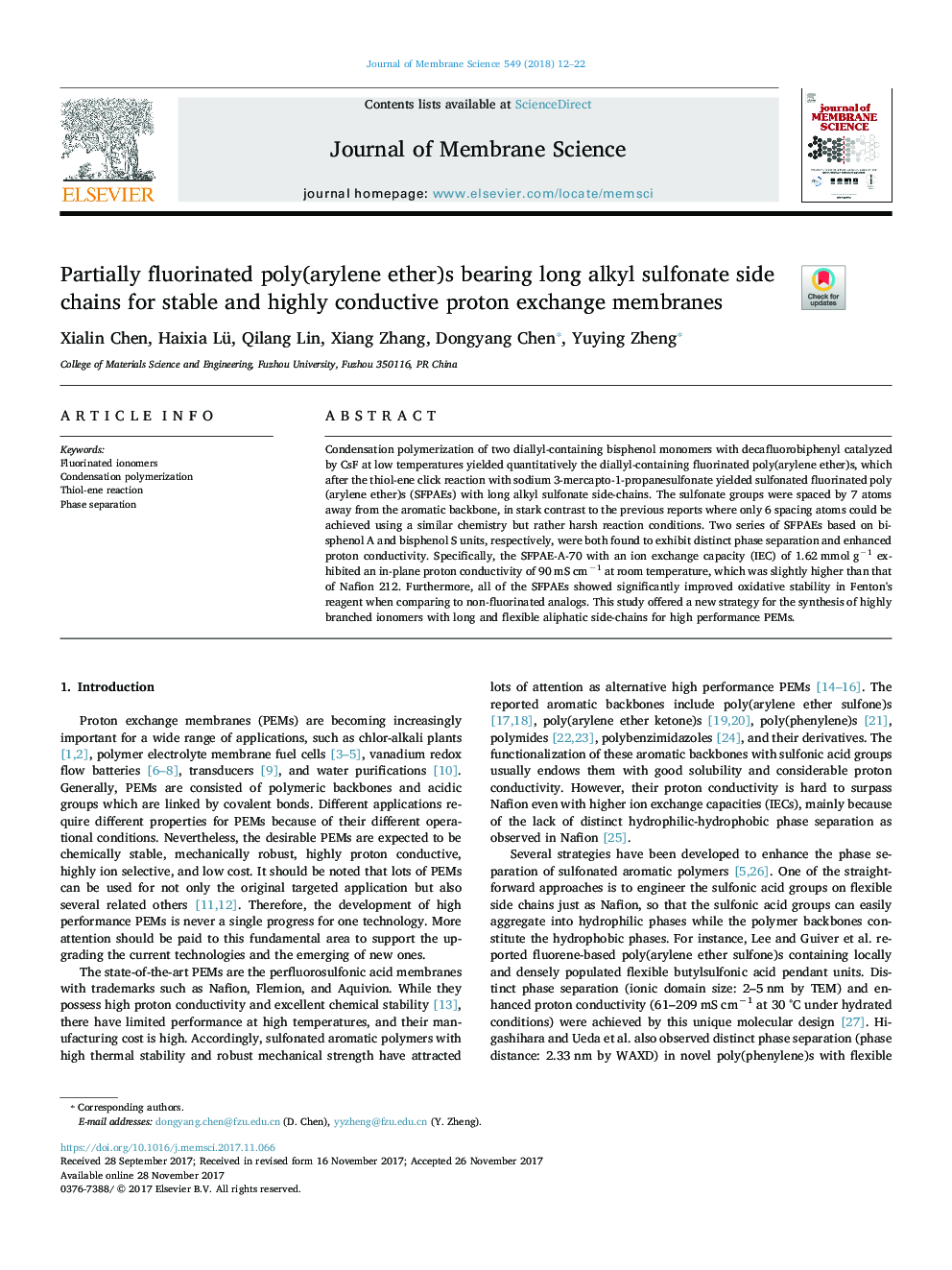 Partially fluorinated poly(arylene ether)s bearing long alkyl sulfonate side chains for stable and highly conductive proton exchange membranes