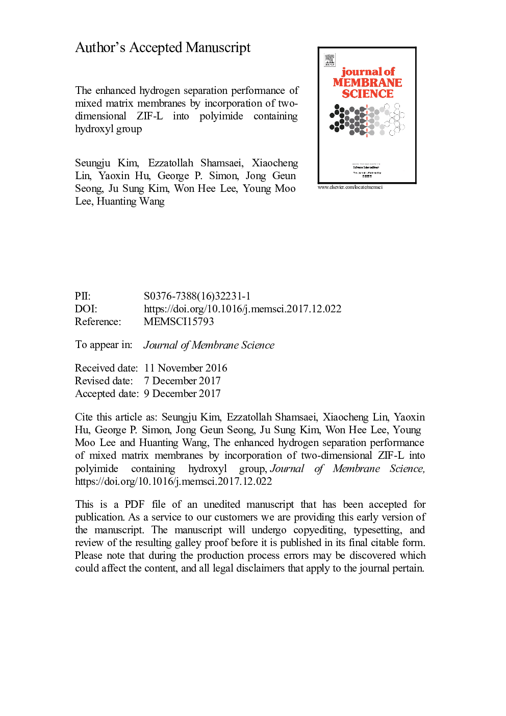 The enhanced hydrogen separation performance of mixed matrix membranes by incorporation of two-dimensional ZIF-L into polyimide containing hydroxyl group