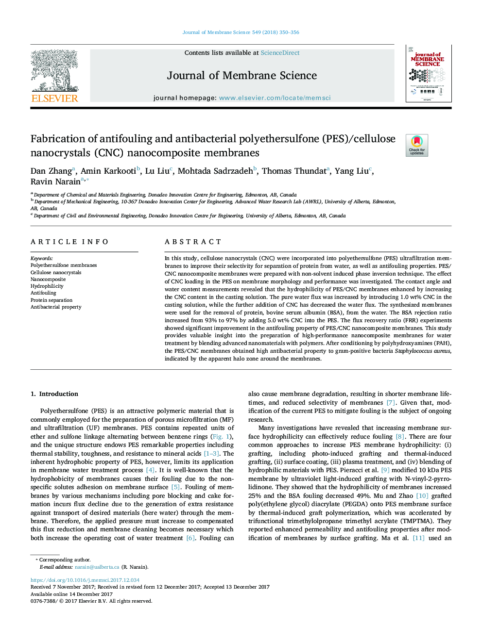 Fabrication of antifouling and antibacterial polyethersulfone (PES)/cellulose nanocrystals (CNC) nanocomposite membranes