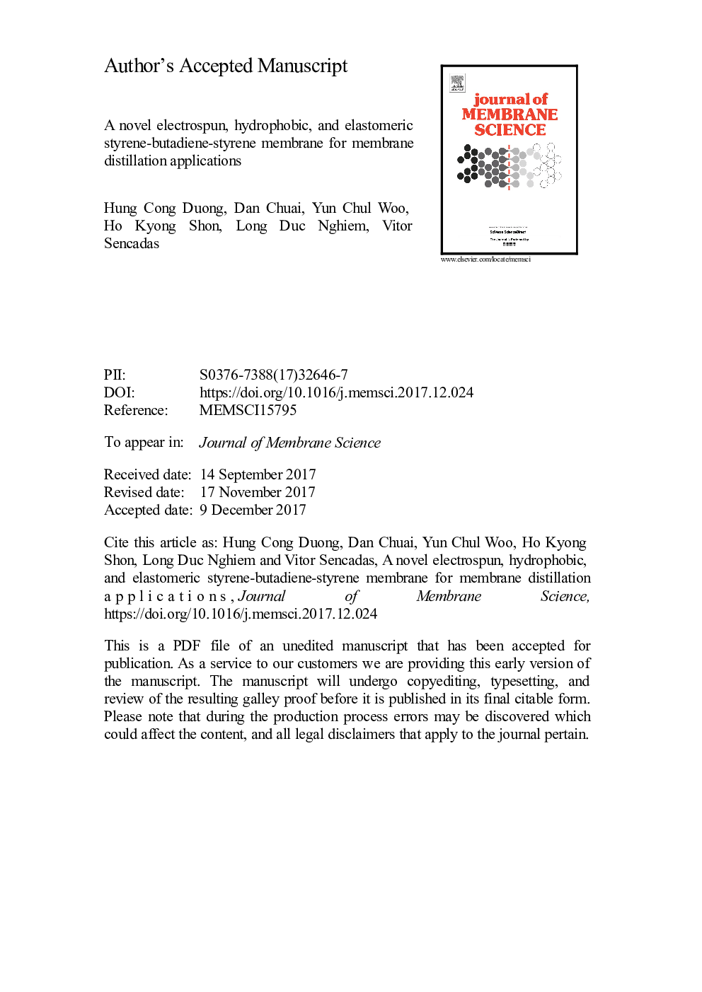 A novel electrospun, hydrophobic, and elastomeric styrene-butadiene-styrene membrane for membrane distillation applications