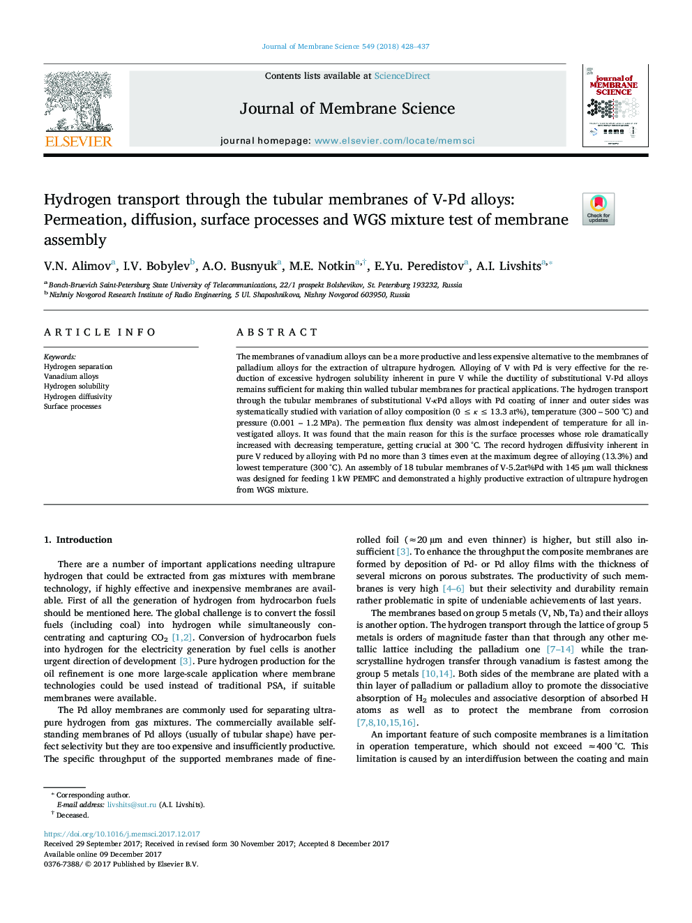 Hydrogen transport through the tubular membranes of V-Pd alloys: Permeation, diffusion, surface processes and WGS mixture test of membrane assembly