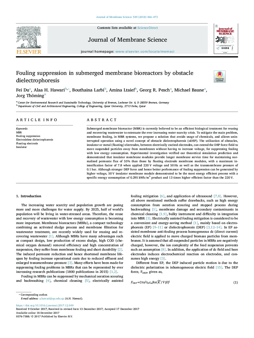 Fouling suppression in submerged membrane bioreactors by obstacle dielectrophoresis