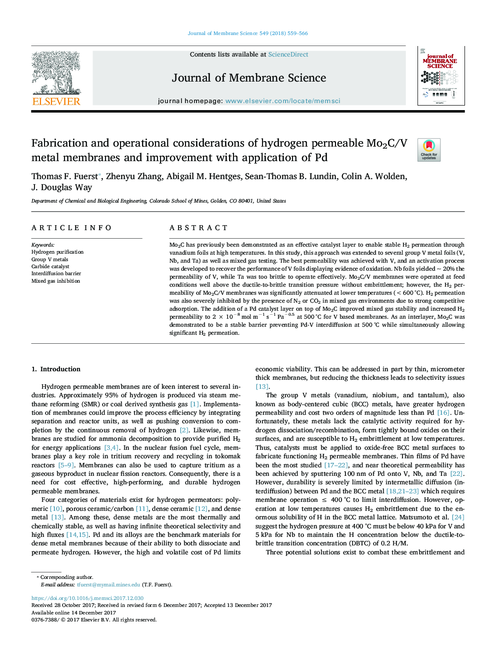 Fabrication and operational considerations of hydrogen permeable Mo2C/V metal membranes and improvement with application of Pd