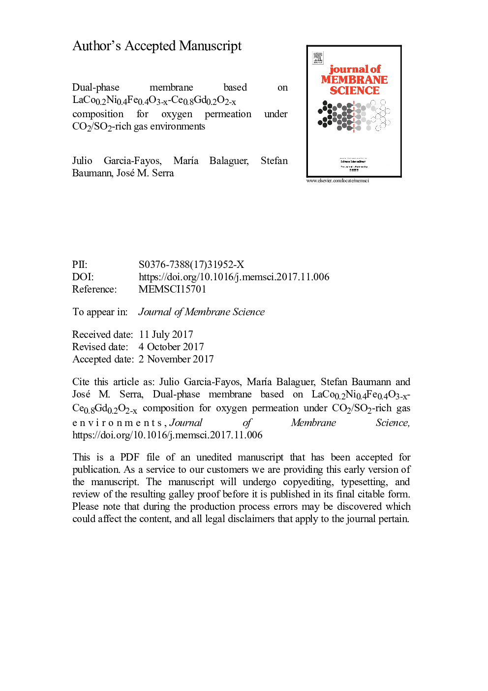 Dual-phase membrane based on LaCo0.2Ni0.4Fe0.4O3âx-Ce0.8Gd0.2O2âx composition for oxygen permeation under CO2/SO2-rich gas environments
