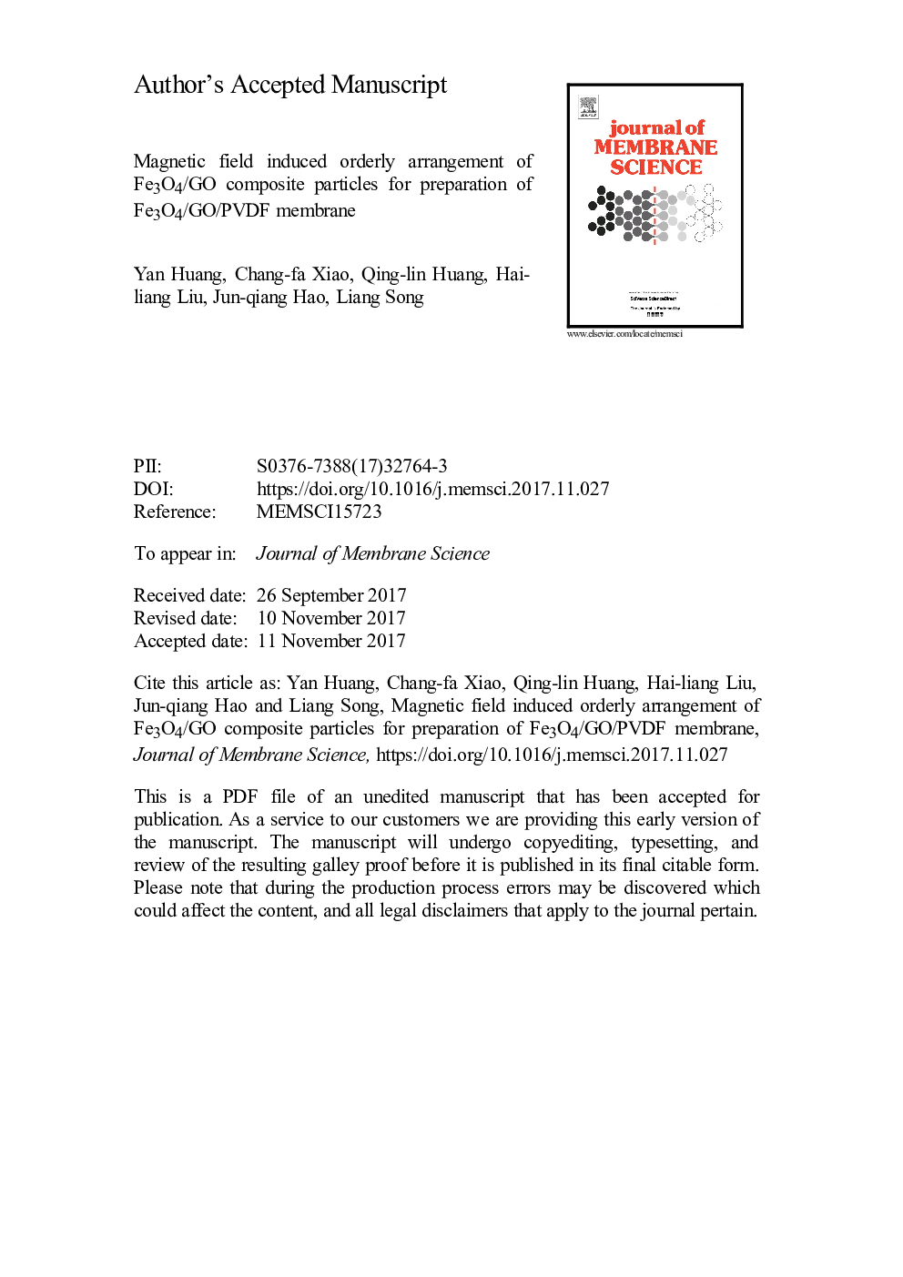 Magnetic field induced orderly arrangement of Fe3O4/GO composite particles for preparation of Fe3O4/GO/PVDF membrane