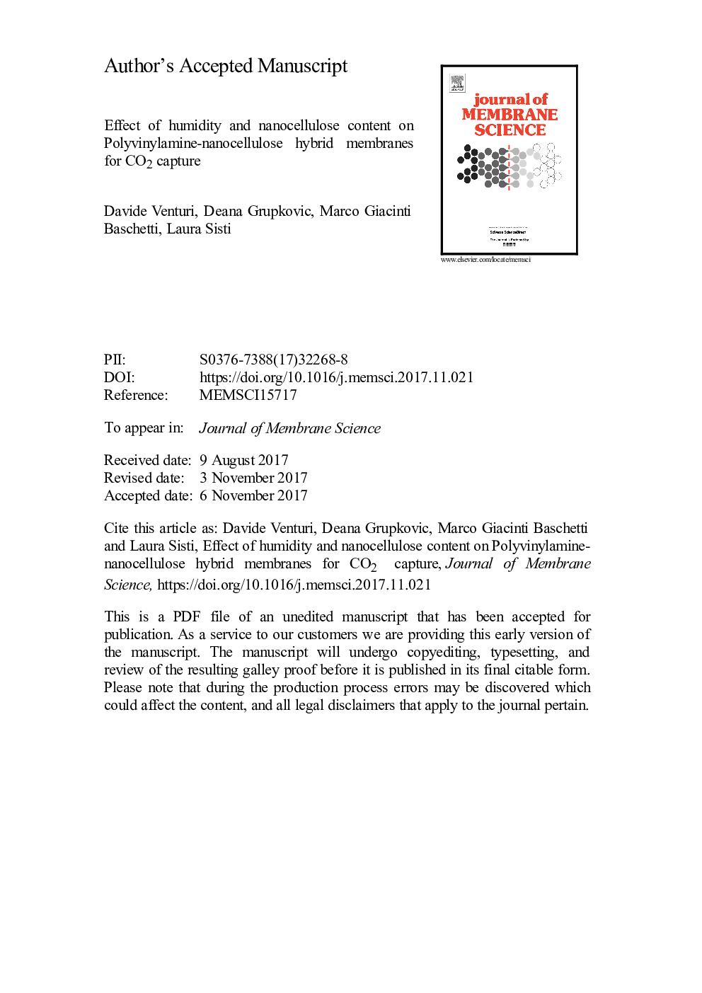 عکس صفحه اول مقاله: Effect of humidity and nanocellulose content on Polyvinylamine-nanocellulose hybrid membranes for CO2 capture Effect of humidity and nanocellulose content on Polyvinylamine-nanocellulose hybrid membranes for CO2 capture