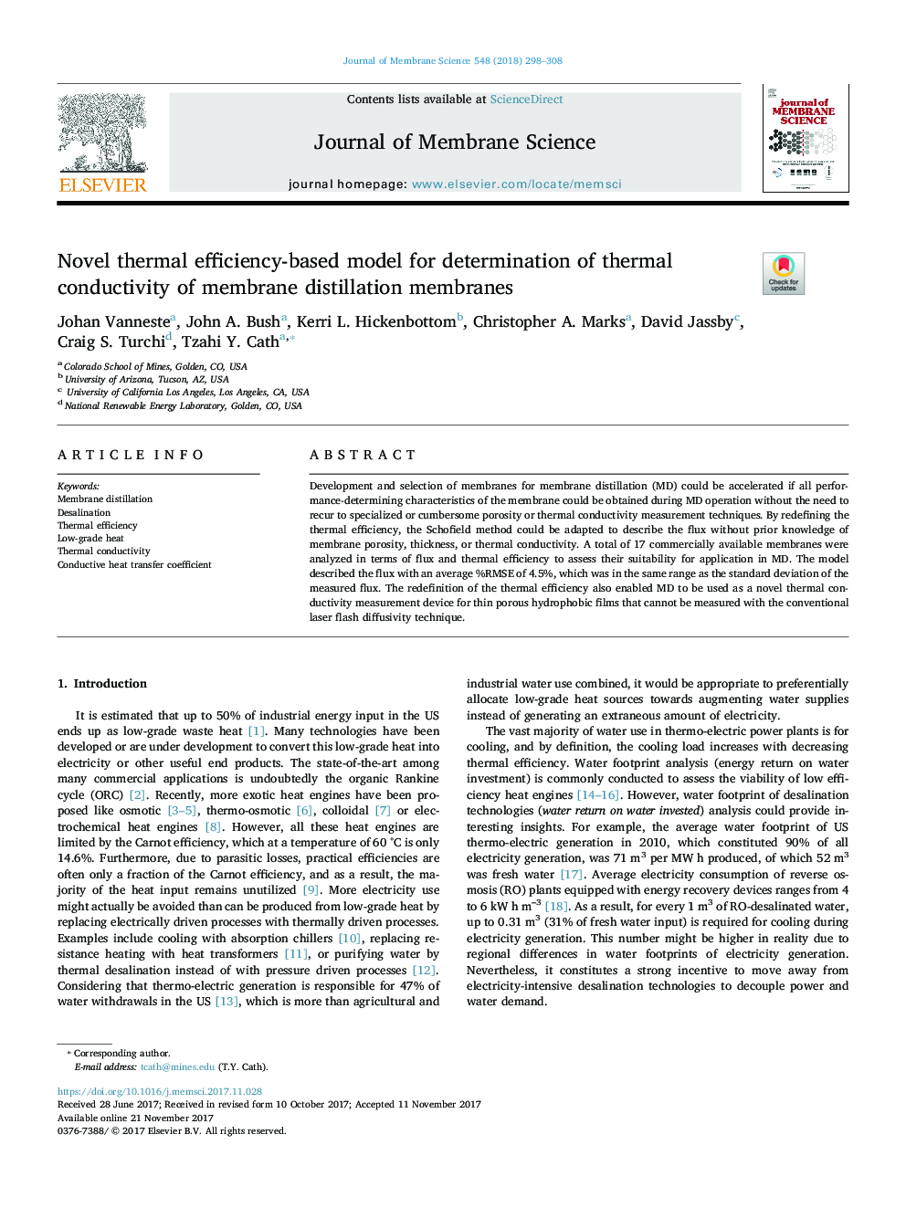 Novel thermal efficiency-based model for determination of thermal conductivity of membrane distillation membranes