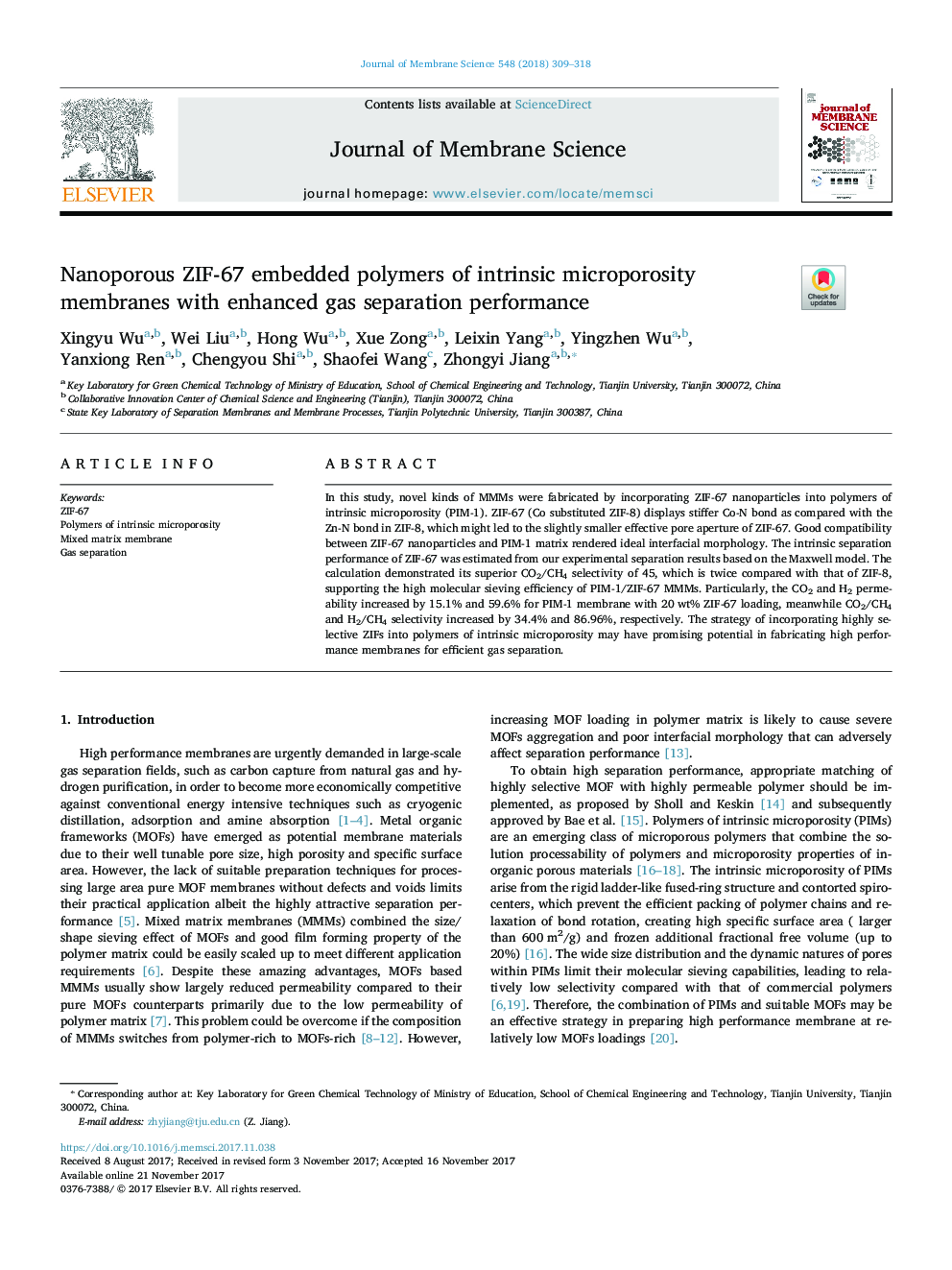 Nanoporous ZIF-67 embedded polymers of intrinsic microporosity membranes with enhanced gas separation performance