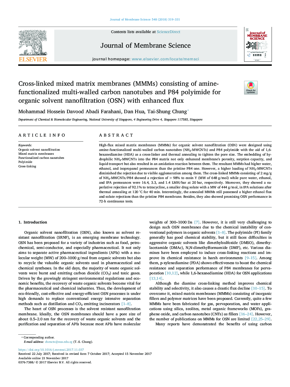 Cross-linked mixed matrix membranes (MMMs) consisting of amine-functionalized multi-walled carbon nanotubes and P84 polyimide for organic solvent nanofiltration (OSN) with enhanced flux