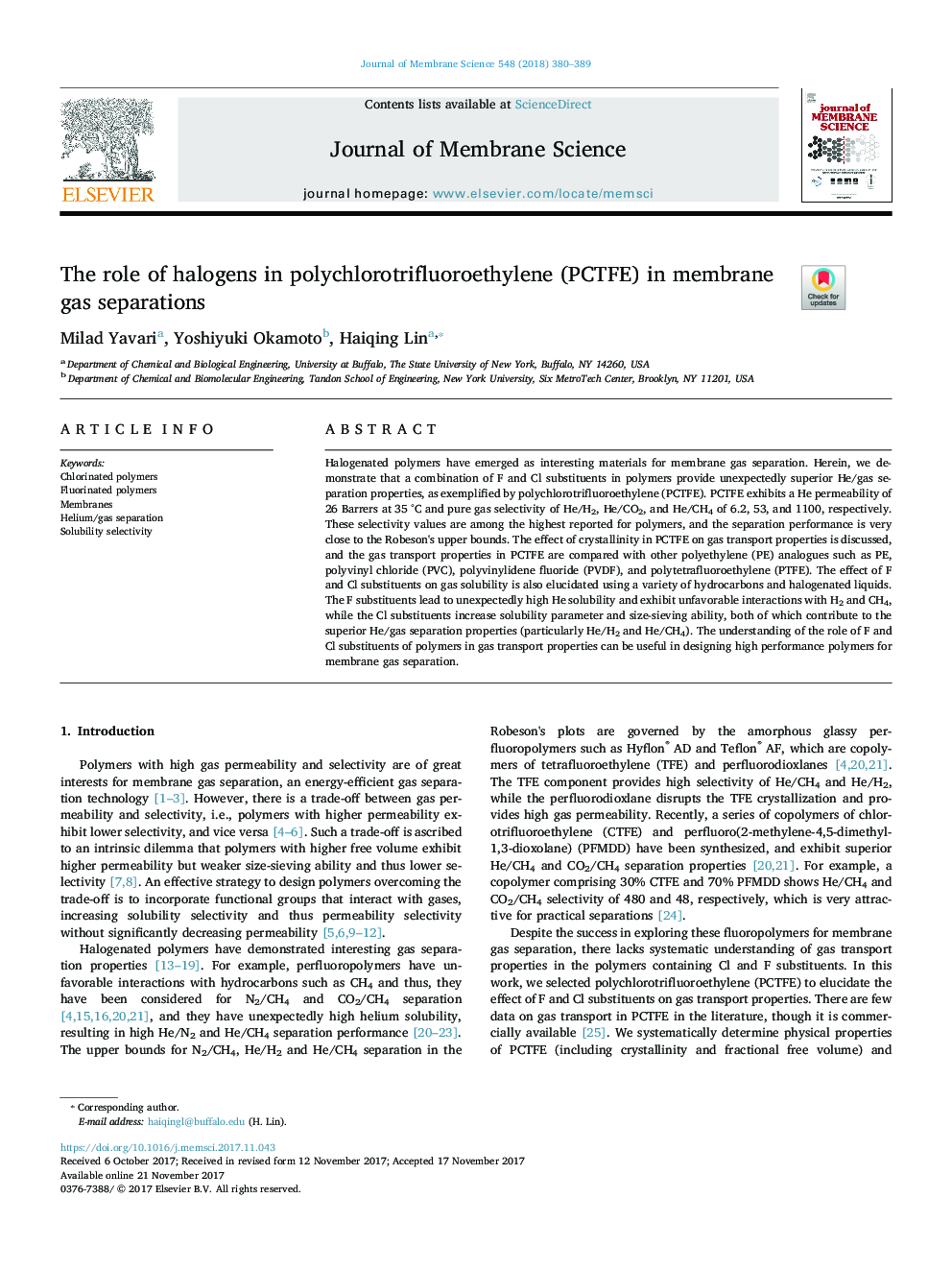 The role of halogens in polychlorotrifluoroethylene (PCTFE) in membrane gas separations