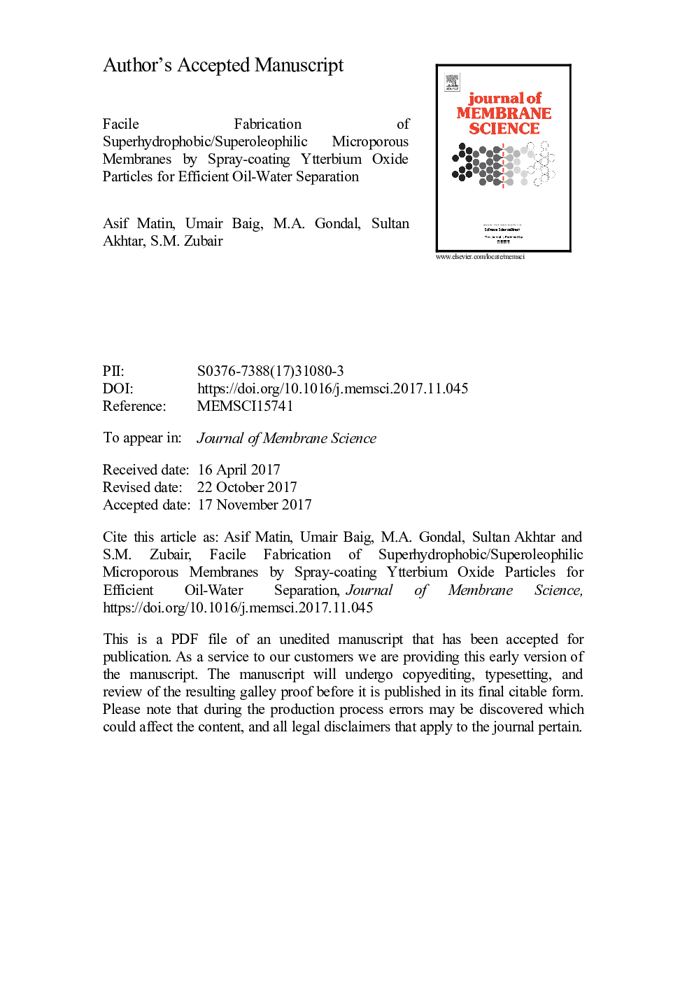 Facile fabrication of superhydrophobic/superoleophilic microporous membranes by spray-coating ytterbium oxide particles for efficient oil-water separation