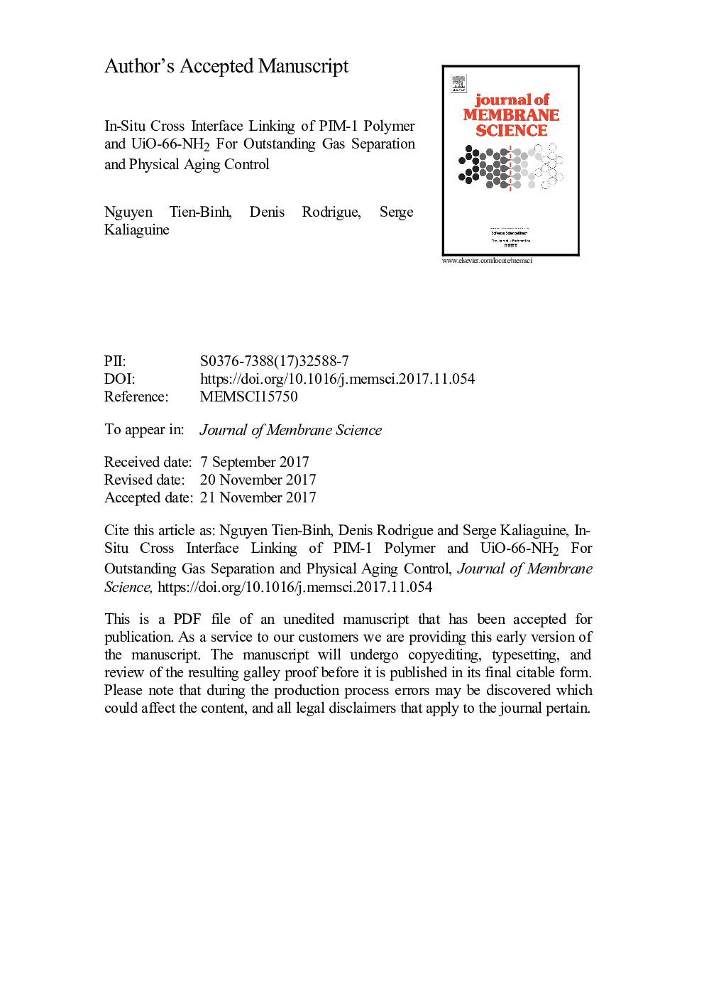 In-situ cross interface linking of PIM-1 polymer and UiO-66-NH2 for outstanding gas separation and physical aging control