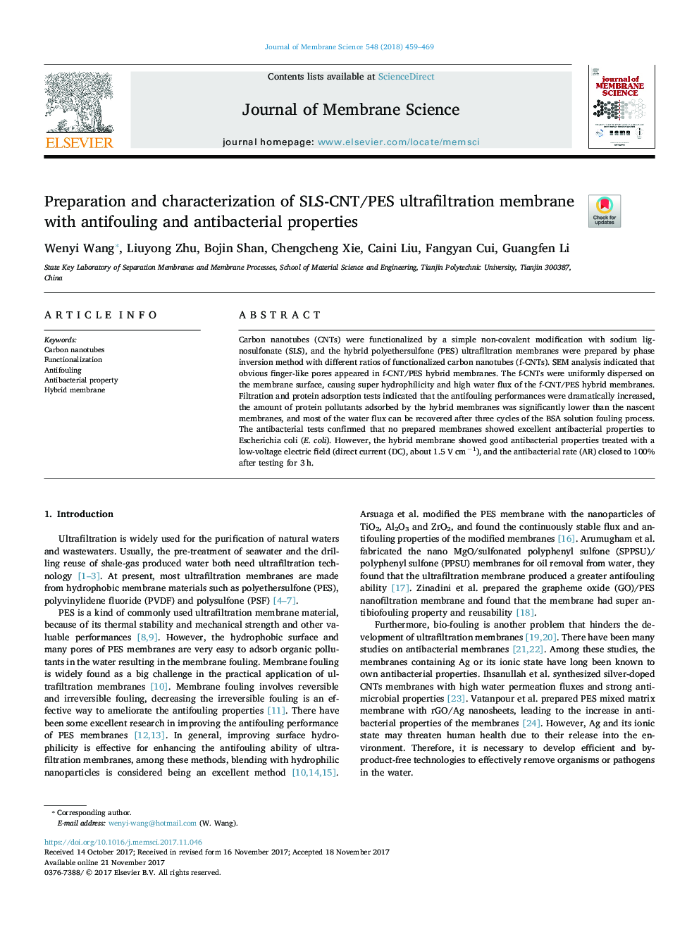 Preparation and characterization of SLS-CNT/PES ultrafiltration membrane with antifouling and antibacterial properties